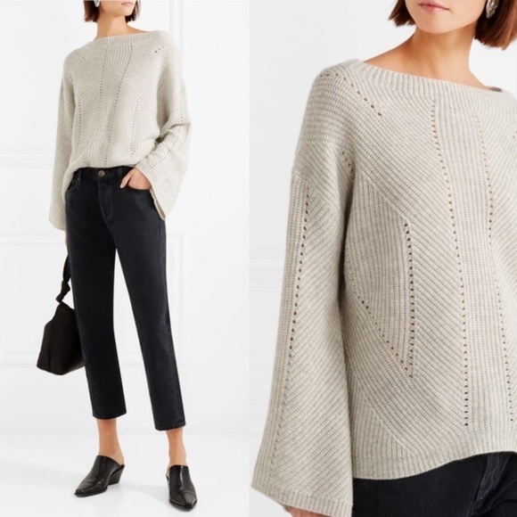 The Nili Lotan Leyton Rib-Knit Bell Sleeve Cashmere Sweater Gray M - Picture 1 of 9